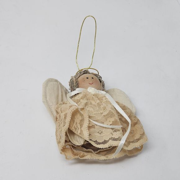 Vintage Christmas Tree Ornament Angel Wooden Lace Holiday Decor Figure - Picture 6 of 8